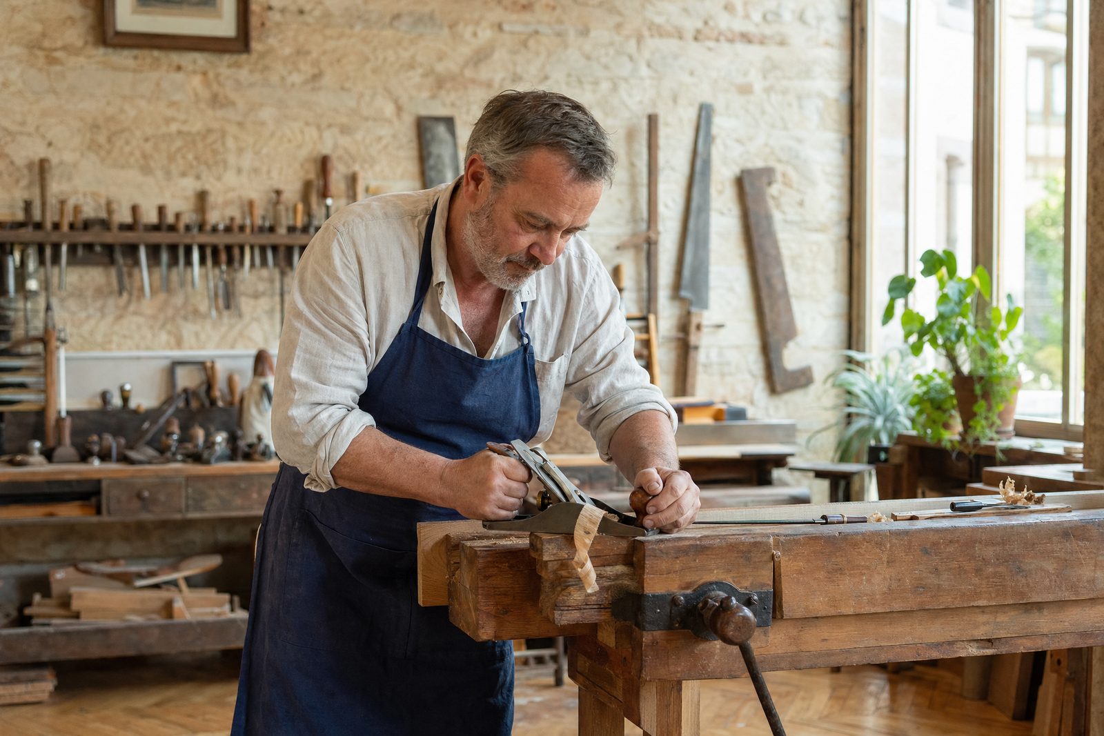 Un ébéniste rabote une planche de chêne dans son atelier