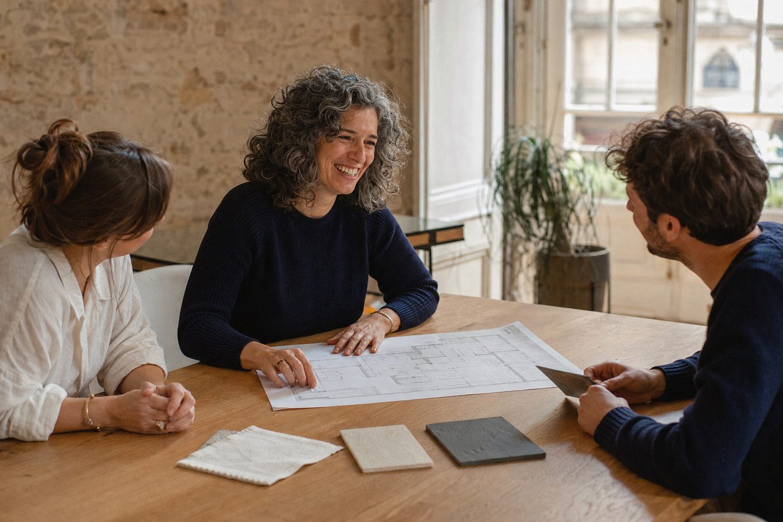 Une dirigeante échange avec son équipe autour d’un projet