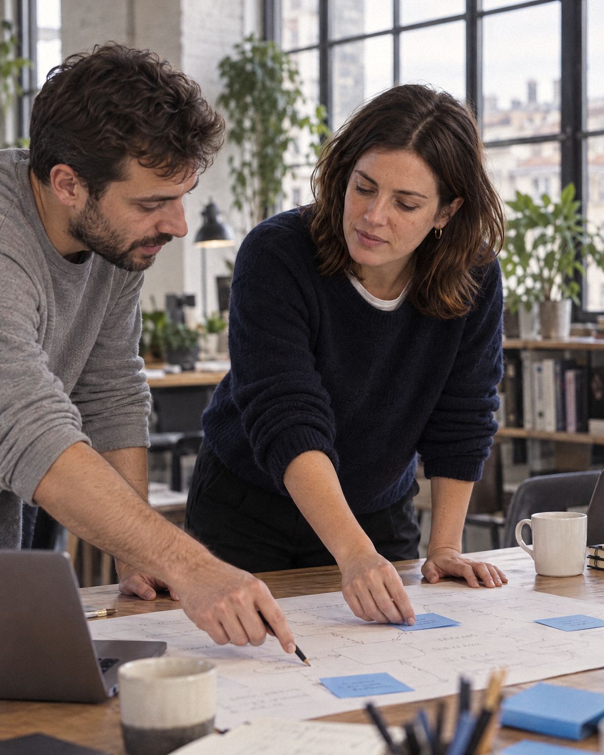 Dans l’atelier de Gentica Studio, l’experte et un collègue construisent le parcours de travail de l’entreprise